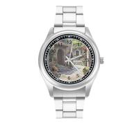 Mediterranean Style Old Stone Buildings Men's Simple Watch with Stainless Strap Fashion Easy Reader Wristwatch Gifts for Men