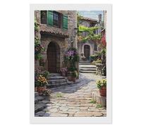 Mediterranean Style Old Stone Buildings Shining Diamond Art Painting Kits for Adults Personalized Round Full Drill Paintings DIY Crafts Kit Home Decor 8"x12"