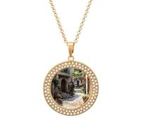 Mediterranean Style Old Stone Buildings Stylish Circle Necklace Pendant Multicolored Diamond Necklaces Jewelry Gift for Women