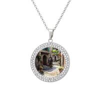 Mediterranean Style Old Stone Buildings Stylish Circle Necklace Pendant Multicolored Diamond Necklaces Jewelry Gift for Women