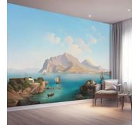 Mediterranean Style Photo Wallpaper Nursery 400 X 280 Cm Blue Sailboat Cliff - Non-Woven Premium Art Print Fleece Wall Mural Decoration Restaurant Hall Living Room Hallway