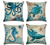 Mediterranean Style Throw Pillow Case U-LOVE Sea Theme Decorative Square Cotton Linen Cushion Cover for 18 X 18 Inch Pillow Inserts,4 pack