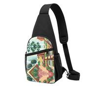 Mediterranean Summer Casual Sling Bag Crossbody Shoulder Pack,Durable Polyester Chest Bag with Multiple Pockets and Key Holder,Adjustable Strap for Men Women