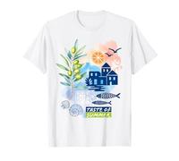 Mediterranean Summer Collage - Village, Sardines & Olive Aesthetic T-Shirt