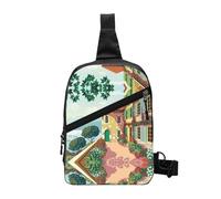 Mediterranean Summer Foldable Sport Sling Bag,Lightweight Crossbody Chest Pack with Multiple Pockets,Water-Resistant Polyester Fabric,Compact Travel Daypack