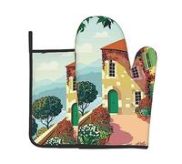 Mediterranean Summer Oven Mitts And Pot Holders Sets 2pcs - Waterproof Heat Resistant Kitchen Gloves Potholder For Cooking, Baking, And Grilling