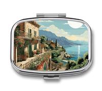 Mediterranean Summer Pill Box 2 Compartment, Portable Pill Case with Mirror for Pocket Purse Travel, Mini Metal Medicine Organizer for Vitamins Fish Oil