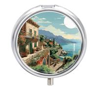 Mediterranean Summer Pill Box 3 Compartment Waterproof Pill Case with Mirror Round Container Metal Medicine Box Organizer Portable Vitamin Case for Pocket & Purse Travel