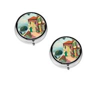 Mediterranean Summer Print Pill Box, Round Pill Organizer, 3 Compartment Small Pill Case for Purse & Pocket, Portable Medicine Box, Travel Pill Case