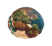 Mediterranean Summer Printed Double-Layer Waterproof Shower Cap - Reusable Spa & Face Mask Bathing Hat for Travel, Home Care & Beauty Routine