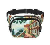 Mediterranean Summer Square Double-Layer Waist Bag with All-Over Print,Durable Twill Fabric, Multi-Pocket Fanny Pack for Outdoor Sports Travel