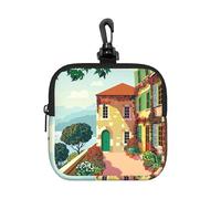 Mediterranean Summer Square Zipper Pouch with All-Over Print,Waterproof Small Organizer Bag, Lightweight Durable for Coins,Cards, Keys for Travel Daily Use