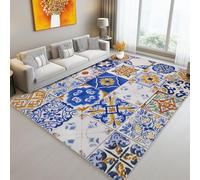 Mediterranean Tiles Pattern Area Rug 50 X 80 Cm Blue Yellow Washable Living Room Rug Non-Slip Soft Accent Flannel Carpet For Living Room Bedroom Home Office Dining Room Kitchen