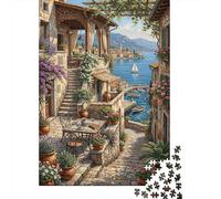 Mediterranean Town 1000 Piece Puzzle Lakeside Terrace Home Decor Senior Leisure Enthusiasts Brain Training Retirement Gift for Grandparents 70x50cm/1000pcs