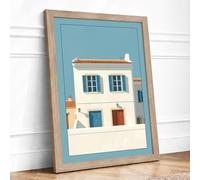 Mediterranean Townhouse Minimalist Framed Wall Art Print A3 Oak | Ready to Hang, Premium Gi Paper, Fade-Resistant Inks, Securely Packaged, UK Made