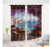 Mediterranean View Curtains 90 Inch 2 Panels, Purple Blossom Sailboat 3D Pattern Drapes with Eyelet Thermal Insulated Curtain, Seaside Town Blackout Curtains for Bedroom Living Room, 46" x 90"