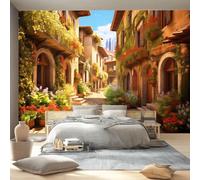 Mediterranean Wallpaper for Living Room Peel and Stick 400 x 280 cm Wallpaper Self Adhesive Removable Wall Mural for Walls, Green Flower Alley Buildings Wall Sticker for Bedroom Kids Bedroom Decor