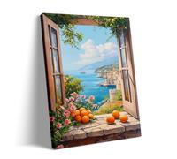 Mediterranean Window View Wall Art, Coastal Canvas Painting with Oranges and Sea Landscape, Italian Style Seaside Poster for Living Room or Bedroom Decor 50x75cm Frame