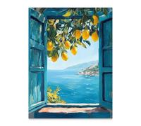 Mediterranean Window View Wall Art Coastal Lemon Tree Canvas Prints Blue Seascape Posters Modern Nature Landscape Pictures for Bedroom Living Room Office Decor 11x14 In Unframed