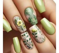 Mediuim Square Stick On Nails Shiny Covers False Green Press On Manicures Supplies For Woman Pack of 24