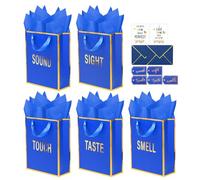 Medium 5 Senses Gift Bags for Him Her, Gold Foil Sight Smell Touch Taste Sound Gift Bags (Blue)