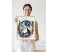Medium A4 30x21cm Midnight Cat Poster Adorable Ilustration Of A Black Kitty Looking At The Crescent Moon Through Open Window Ideal Children Bedroom Decoration Nursery
