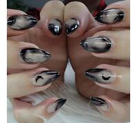 Medium Almond Black Ombre Press-On Nails with Glossy Marbled Moon Design - Acrylic False Nails Set for Halloween & Gothic Looks, Includes Adhesive Tools, Multiple Sizes, Easy Application