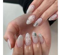 Medium Almond False Nails - 24PCs Christmas Press On Nails with 3D Diamond - Stiletto Glossy White Fake Nails with Glue - Acrylic Jelly Snowflakes Stick on nails for Women Girls Nail Art