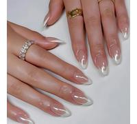 Medium Almond French Tip Press-On Nails - 24PCS Nude Glossy Design with 12 Customisable Sizes for Elegant Manicures and DIY Nail Art, Salon-Quality Glossy Finish & Easy Application for a Timeless