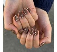 Medium Almond Glossy Press On Nails for Women - Reusable Stick On False Nails Short Kit, Brown & White Polka Dot Pattern, Soft Tips, Easy Salon Manicure with Multiple Sizes