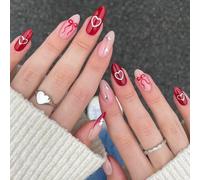 Medium Almond Press on Nails - 24pcs Oval Burgundy French Tip False Nails - Bowknot Heart Wine Red Fake Nail with Glue - Acrylic Glossy Full Cover Stick on Nails Nail Art for Women Valentine's Day