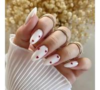 Medium Almond Press on Nails - 24pcs Oval Milky White False Nails - Red Heart French Fake Nail with Glue - Acrylic Glossy Full Cover Reusable Stick on Nails Nail Art for Women Valentine's Day
