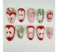 Medium Almond Press on Nails with Apple Design and 3D Star Grid - 24PCS French Tip False Nails with Rhinestones for Women, Full Cover Reusable Kit for Party or Daily Application