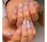 Medium Almond-Shaped Press-On False Nails, Nude Pink Ombré, 24-Piece Set | Glossy and shimmer finishes, white linework, bow motifs and decorative stones, for weddings, parties and everyday manicures