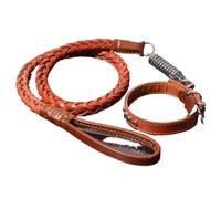 Medium and large dog explosion-proof genuine leather leash set with buffer spring, cowhide braided dog leash and collar, pull-resistant and escape-proof (brown,M)
