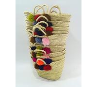 Medium assorted mix of double sided 6 Pom Pom Moroccan Market Shopping Basket - Natural rope Handles W40 D16 H26