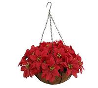 Medium Basket Silk Artificial Poinsettia Plant Flowers DIY Chain Hanging Basket Home Wedding Holiday Porch Decoration Flowers (Red)