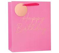 Medium Birthday Gift Bag - Pink with Rose Gold Foil Happy Birthday & Tag 10x8.5"
