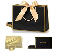 Medium Birthday Gift Bags for Presents,4Pcs White Paper Party Bags With Handles 6 Tissue Papers 4 Ribbons 4 Cards for Man Woman Girl Boy Bridesmaid Wedding Birthday Party Anniversary Christmas (Black)