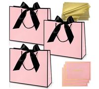 Medium Black Pink Gift Bags for Present,Paper Party Bags with Handles,3Pcs Birthday Gift Bag with Ribbons 6 Tissue Paper 3 Card for Baby Girls Women Bridesmaid Christening Wedding Valentines Christmas
