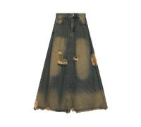 (Medium, blue) Women's 2024 Nostalgic Retro High-Waist A-Line Denim Skirt with Raw Edge and Ripped Details