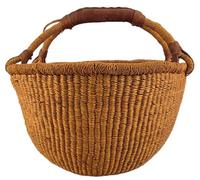Medium Bolga Round Basket Ø 30-35 x 30-35 cm - Handmade in Ghana - Fair Trade - Shopping Basket with Leather Handle - Orange