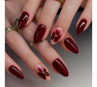Medium Burgundy Almond Press On Nails with Floral Rhinestone Design - Reusable Glossy Wine Red False Nails Set for Classic Elegant Manicure, Medium Length Oval Shape Fake Kit