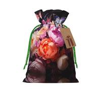 Medium Butterflies and Fresh Bush Print Christmas Drawstring Candy Bags, Reusable Fabric Sacks, Gift Bag for Xmas Holiday Present Wrap