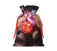 Medium Butterflies and Fresh Bush Print Christmas Drawstring Candy Bags, Reusable Fabric Sacks, Gift Bag for Xmas Holiday Present Wrap