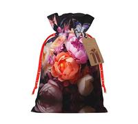 Medium Butterflies and Fresh Bush Print Christmas Drawstring Candy Bags, Reusable Fabric Sacks, Gift Bag for Xmas Holiday Present Wrap