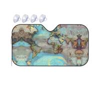 Medium Cartoon World map Print Car Windshield Sunshade - Foldable Reflective Sun Shade Blocks UV Rays, for Auto Truck SUV
