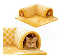 Medium Cat Bed Washable Cat Crate Mattress Calming Fluffy Anti Anxiety Cats Beds,Deluxe Plush Cats Mat with Cozy Tunnel Maze Cave,Collapsible Play and Sleep, 66 * 60cm,Yellow and White