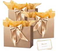 Medium Champagne Gift Bag, 3pcs Present Bags 20 x 10 x 28 cm with Handle 6 Tissue Papers and 3 Cards, Bow Ribbon Birthday Party Bags for Weddings, Birthdays, Parties, Valentine's Day and Xmas