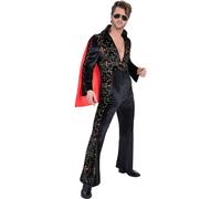 Smiffys Elvis Black Rhinestone Costume for Men, Official Licensed Rock &Roll Outfit, Black Printed Jumpsuit, Sparkling Rhinestone Detail, Red Cape, 70s Icon Fancy Dress for Halloween & Parties, Medium